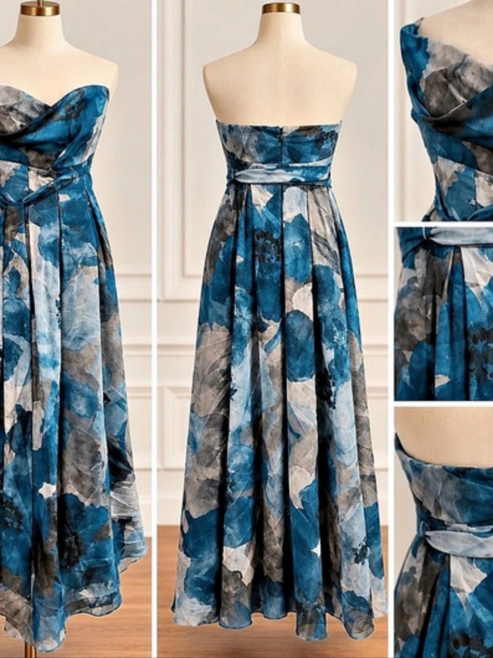 NWT Donna Karan Blue Floral Strapless Chiffon Gown Size 10